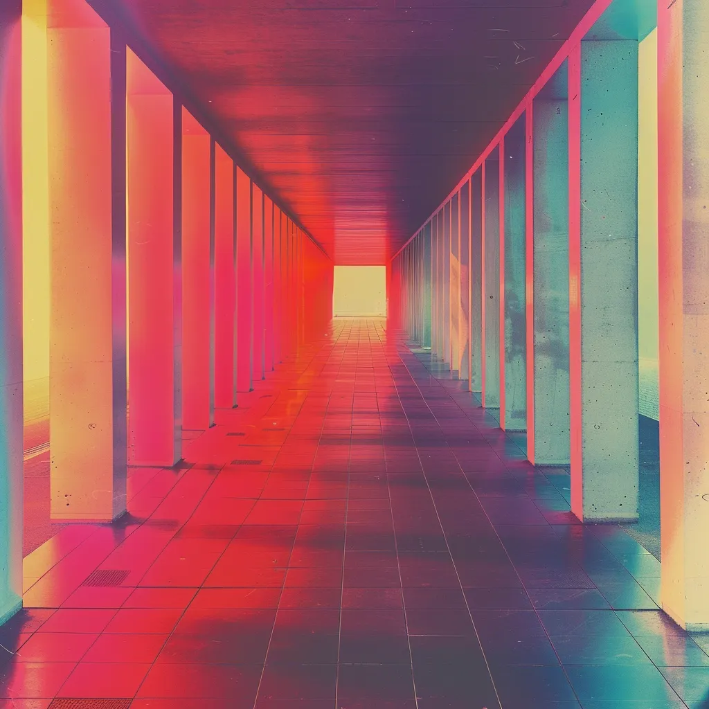The image shows a long, narrow corridor lined with evenly spaced concrete pillars. The pillars are bathed in a vibrant, almost neon, glow of pink, red, and blue, creating a surreal and futuristic atmosphere. The corridor leads to a bright, white light at the end, suggesting a path towards a destination or a new beginning. The tiled floor is also illuminated by the vibrant light, creating a reflection of the colors. The overall effect is one of mystery and anticipation.