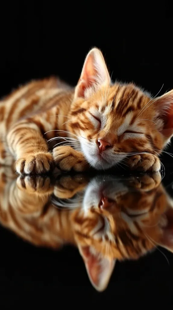 A tabby cat is sleeping soundly on a black surface, its paws tucked beneath its head. Its eyes are closed, and its whiskers are twitching slightly. Its reflection is visible in the surface, creating a symmetrical image. The cat's fur is a warm orange and brown, and its paws are soft and pink. The image is focused on the cat's face and head, highlighting its peaceful slumber.