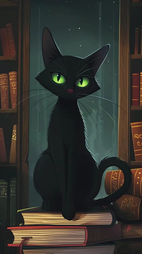 A black cat with bright green eyes sits on a stack of books in a dimly lit room.  The cat's tail curls around the books, and its whiskers are visible. The books are arranged on a wooden bookshelf, and the room appears to be a library or study. The image has a cozy and mysterious atmosphere.