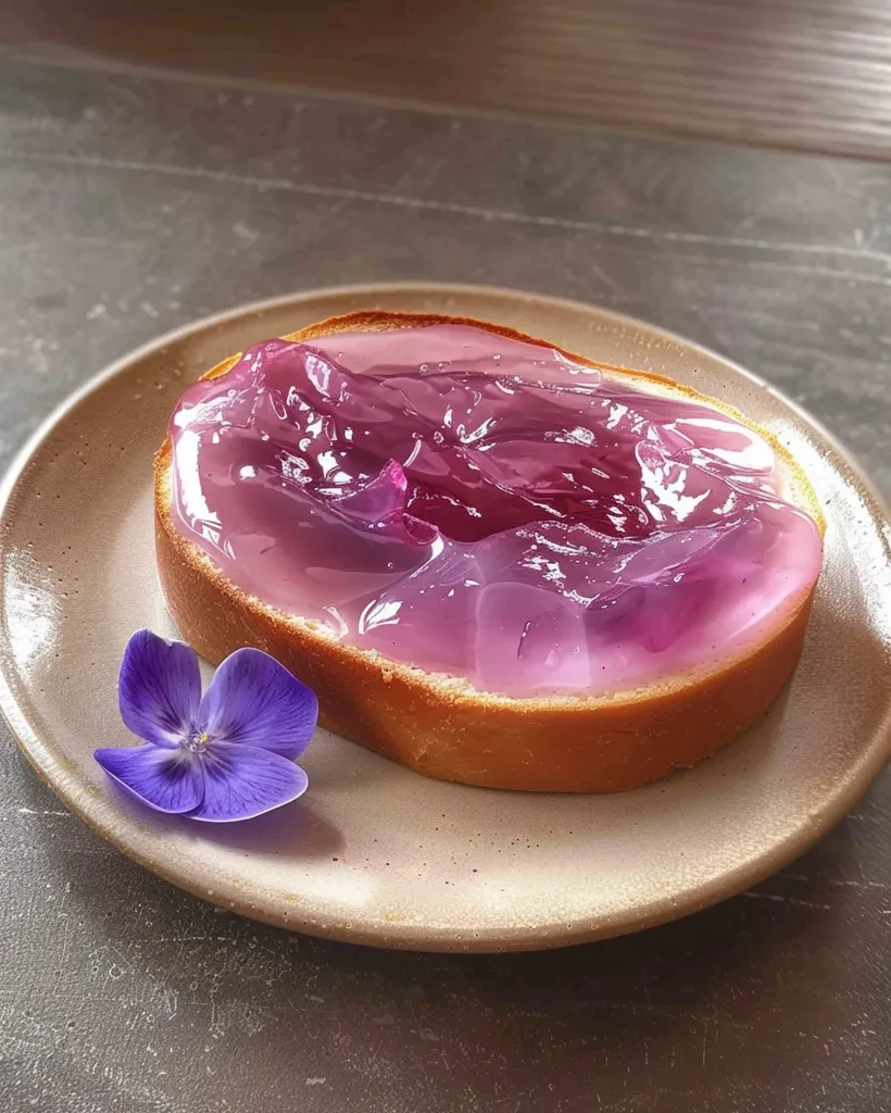 A close-up shot of a slice of bread topped with a vibrant purple jelly. The jelly is thick and translucent, creating a striking contrast with the soft brown bread. A delicate purple flower lies beside the bread on a beige plate, adding a touch of nature and elegance to the simple dessert. The whole scene is set against a grey background, highlighting the colors and textures of the food.