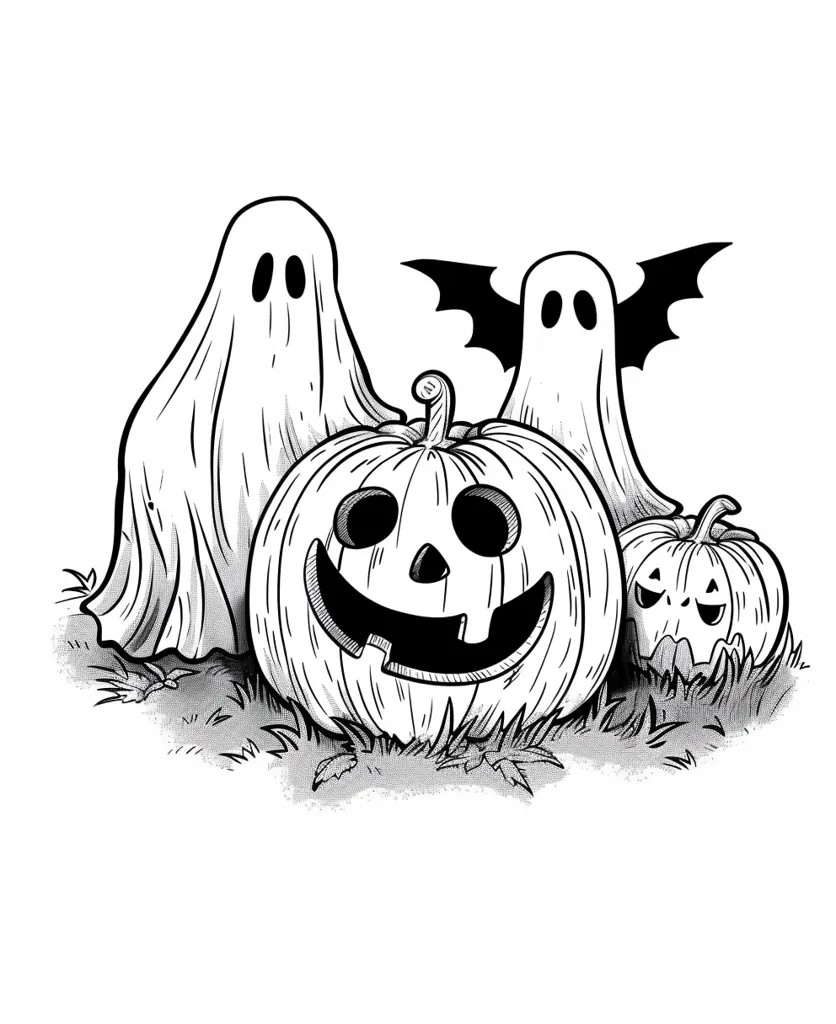 A black and white illustration of two ghosts and two pumpkins. The larger ghost is standing behind a large pumpkin, while the smaller ghost with bat wings is standing behind a smaller pumpkin. Both pumpkins have carved faces, and the larger one has a wide grin. All four figures are standing in a field of grass.  This image is likely a Halloween-themed illustration.