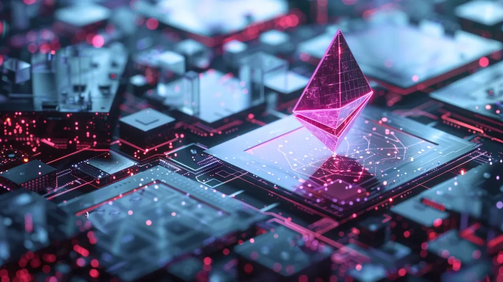 A glowing, pink and blue, geometric shape, resembling a crystal, sits atop a futuristic circuit board. The board is made up of small, intricate squares and lines that are lit up with a blue and red glow. The background is a blur of similar shapes and lights, suggesting a complex and technological environment. The image evokes a sense of the digital age, where technology and innovation are key.