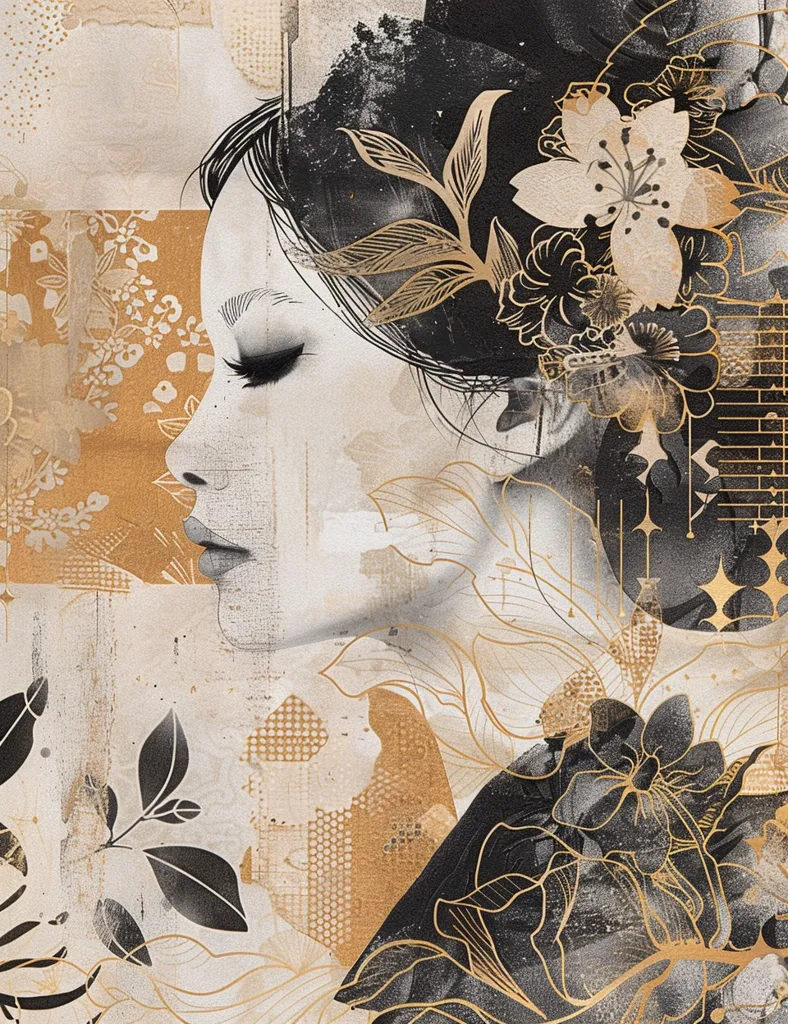 The image is an abstract portrait of a woman with flowers and leaves. The woman's face is partially obscured by a background of layered textures and patterns in black, white, and gold. The flowers and leaves are rendered in a delicate, detailed style, creating a sense of beauty and tranquility. The overall effect is one of quietude and mystery.