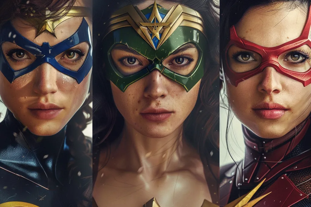 The image shows three female superheroes, each with a different costume and mask. The woman on the left is wearing a blue and yellow mask, the middle woman has a green mask with a gold star, and the woman on the right has a red mask. All three women have serious expressions on their faces, and they are looking directly at the viewer. The image is a close-up, and the focus is on the women's faces and masks.