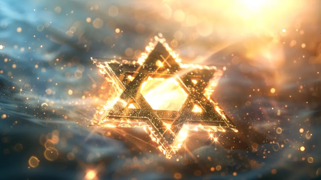 A golden Star of David, a symbol of Judaism, is illuminated by a bright light. The star is surrounded by a hazy, ethereal glow, with glittering dust particles floating in the air. The background is a mixture of soft blue and warm yellow tones, creating a sense of spirituality and wonder.