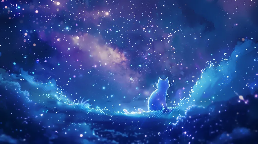 The image depicts a luminous blue cat silhouette sitting on a celestial landscape. The background is a mesmerizing night sky filled with countless stars and a hint of purple nebulae. The cat appears to be gazing up at the sky, lost in the wonder of the celestial expanse. The soft glow of the cat and the twinkling stars create a magical and enchanting atmosphere.