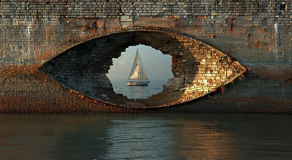 A large brick wall with a gaping hole in the shape of an eye. Through the hole, a sailboat glides on calm, blue water. The sun shines, casting a warm glow on the scene.  The image is a metaphor for looking out at the world with hope and optimism.