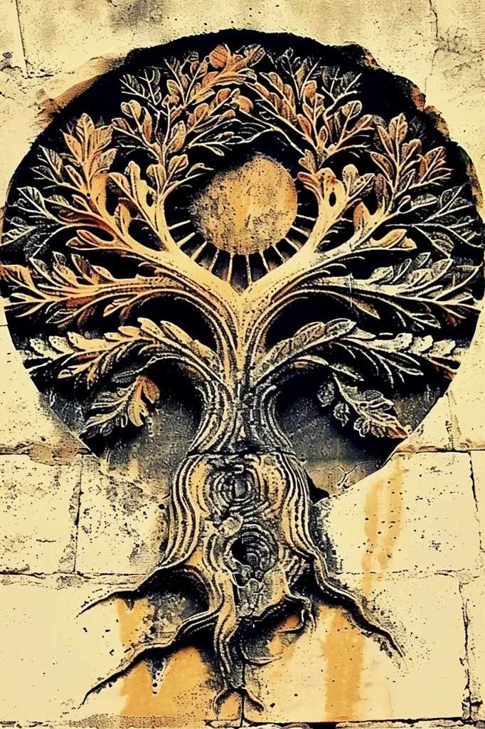 A stone carving of a tree with intricate branches and a sun-like shape in its center. The carving is detailed and has a textured, aged look. The background is a pale yellow stone wall.  The carving seems to depict a tree of life, a symbol of growth, strength, and connection.