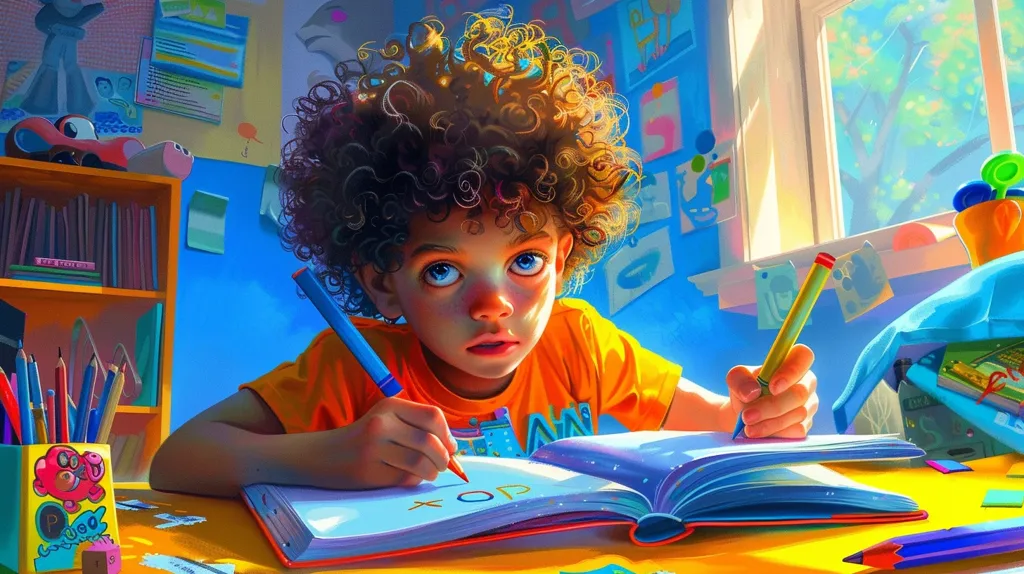 A young boy with curly brown hair sits at a desk in a bright, colorful room. He's wearing an orange shirt and is writing in a notebook with a blue pen. The room is filled with toys, books, and artwork. A large window with sunlight streams in. The boy's eyes are focused intently on his work. The scene is vibrant and playful, capturing the energy of childhood learning and creativity.