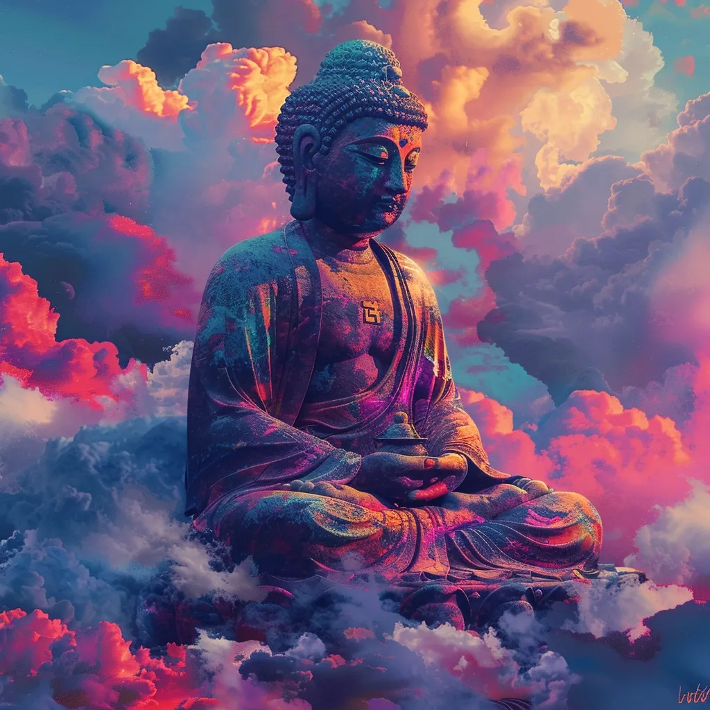 A large, ornate statue of Buddha sits in meditation amidst a vibrant, swirling sky of pink, purple, and blue clouds. The Buddha's face is serene, his eyes closed, and his hands clasped in his lap. The image evokes a sense of peace and tranquility.