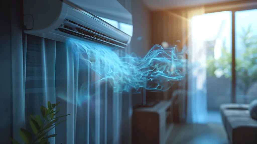 A white air conditioner is mounted on a wall and blowing cool air into a room with sheer curtains. The air is depicted as a wispy blue cloud emanating from the unit. A plant sits in the corner of the room and a couch is visible in the background. The overall image conveys a sense of coolness and comfort.