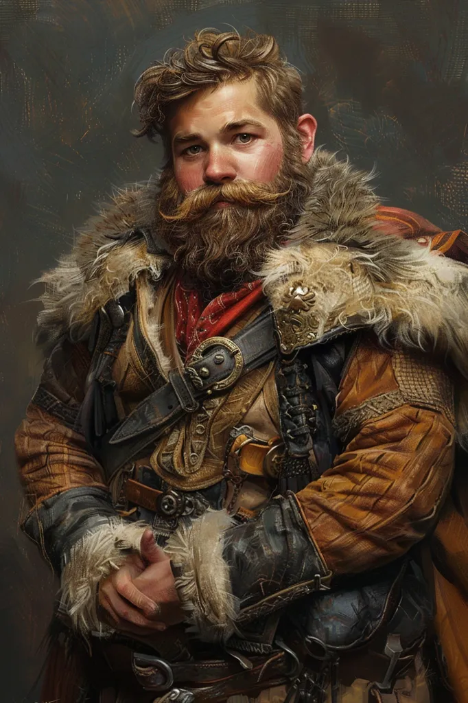 A man with a thick beard and mustache, wearing a fur-trimmed brown leather jacket with intricate metal accents, stands against a blurred backdrop. He has a serious expression and his hands are clasped in front of him. His attire suggests he is a seasoned adventurer or warrior.  The lighting is dramatic, casting shadows on his face and highlighting the textures of his clothing.