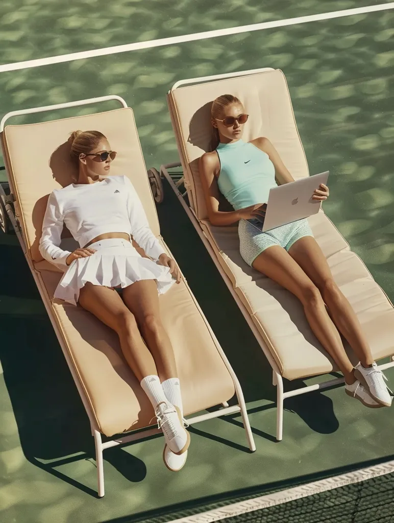 Two young women relax on lounge chairs on a tennis court.  One woman wears a white tennis skirt and a white shirt, while the other wears a blue crop top and shorts.  The woman on the left wears white sneakers, while the woman on the right has a laptop on her lap and wears white sneakers.  They both wear sunglasses.