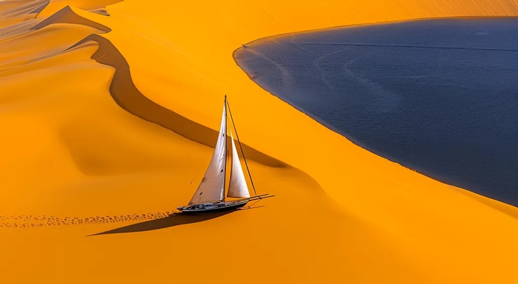 A sailboat sits on a vast, golden expanse of desert sand.  The sailboat's white sails stand out against the bright orange background. In the background, a large, dark blue body of water appears to be a lake or ocean.  The perspective of the image is from above, as if taken from a drone or airplane.