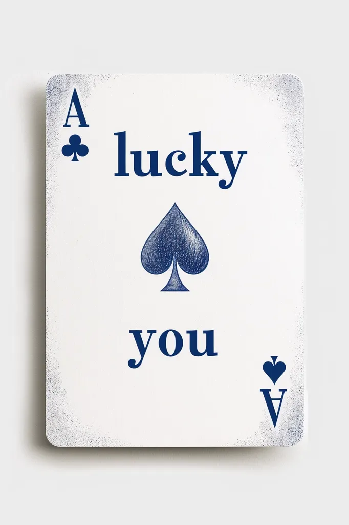 The image shows a white card with a blue ace of spades. The card says "lucky you" in large blue letters. The ace of spades is in the center of the card and the ace of clubs is in the top left corner of the card. The ace of spades is in the bottom right corner of the card. The card is on a white background.