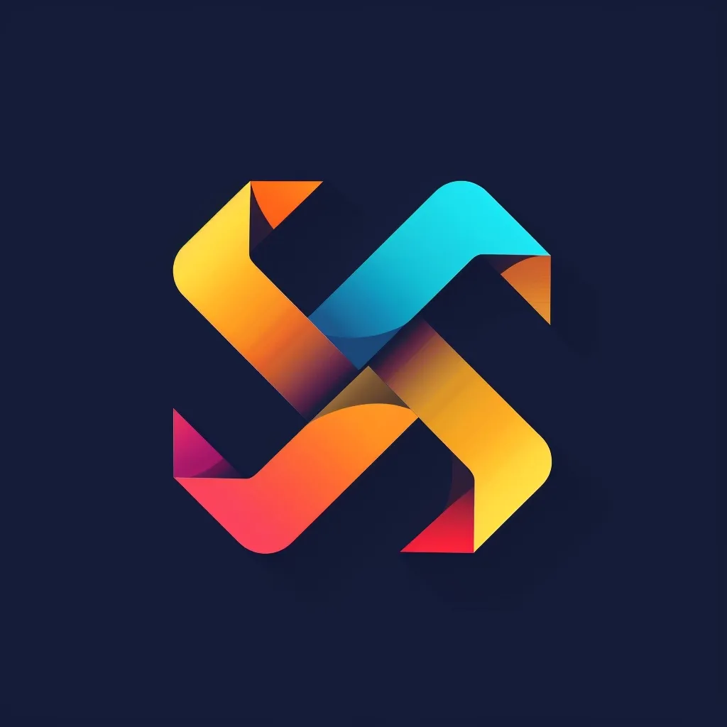 The image is a colorful abstract design.  It features four curved, overlapping shapes that are layered on top of each other in a criss-cross pattern. The shapes are a vibrant orange, yellow, blue, and red. The background of the image is a dark blue. The design creates a sense of movement and energy.