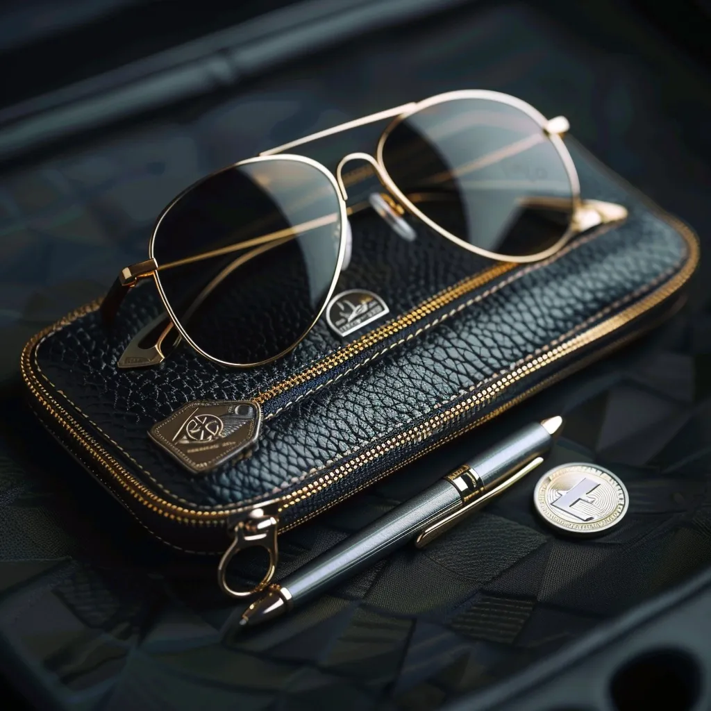 A pair of gold-rimmed sunglasses lay in a black leather zippered pouch. A silver pen and a gold coin rest on a textured black surface. The image is dark and moody, with a focus on the luxurious details of the objects.  The composition is simple, with the sunglasses and pouch dominating the frame.  The image has a sense of opulence and sophistication.