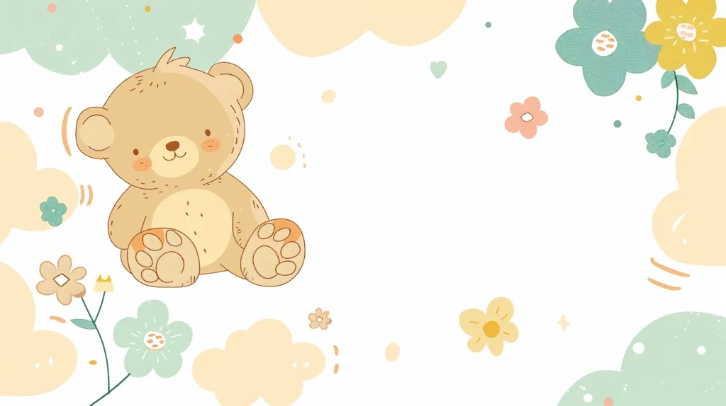 The image features a cute cartoon teddy bear sitting on a white background surrounded by clouds and pastel flowers.  The teddy bear is brown with orange paw pads and a sweet expression.  The background is decorated with simple floral motifs in soft pastel shades, creating a whimsical and charming atmosphere.  The image has a gentle and playful feel, perfect for a children's book or illustration.