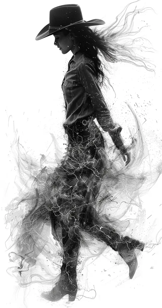 A woman in a cowboy hat and boots walks through a swirling cloud of abstract black and white paint. Her long hair flows behind her, almost blending into the background. The image is full of movement and energy, creating a sense of mystery and intrigue. The monochromatic palette adds to the dramatic effect.