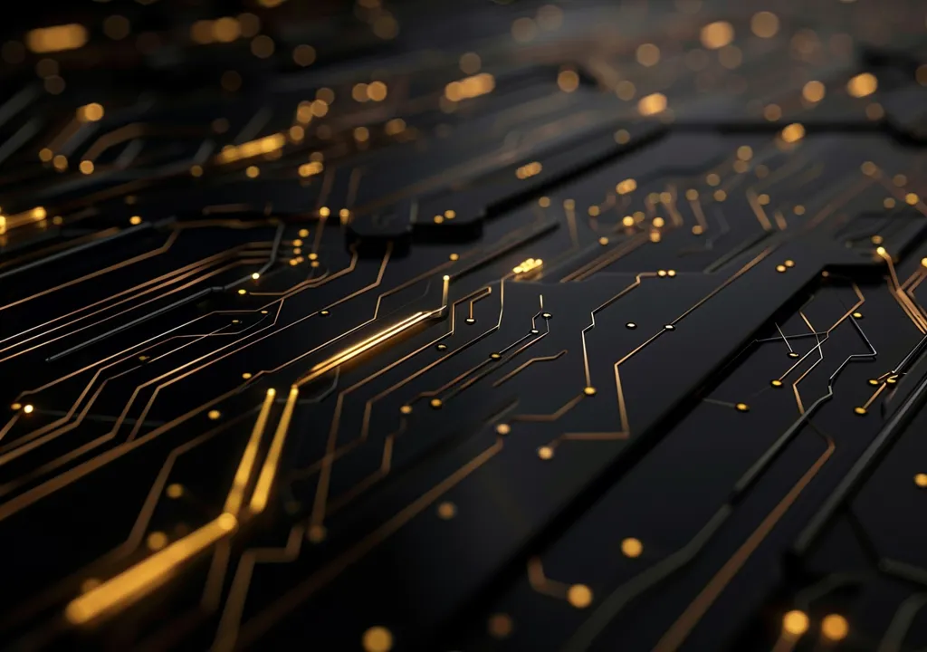 A close-up of a futuristic circuit board. The black surface is crisscrossed with glowing golden lines and dots, creating a mesmerizing pattern. The intricate design evokes a sense of technology, innovation, and the interconnectedness of information. The image is abstract and suggestive of the complexity of modern technology.