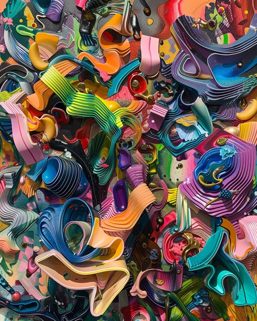 The image is an abstract art piece with a chaotic and vibrant mix of colors and shapes.  The artwork appears to be three-dimensional, with many layers of paint and texture.  The colors are predominantly bright and bold, including shades of pink, blue, orange, yellow, and green. The shapes are irregular and organic, creating a sense of movement and energy.