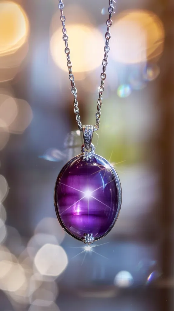 A silver chain necklace with a large, oval-shaped, purple gemstone pendant hangs against a blurred background of white, silver, and gold light. The gemstone is set in a silver bezel and sparkles with a bright, star-shaped reflection. Tiny diamonds embellish the setting. The image captures the beauty and elegance of fine jewelry.