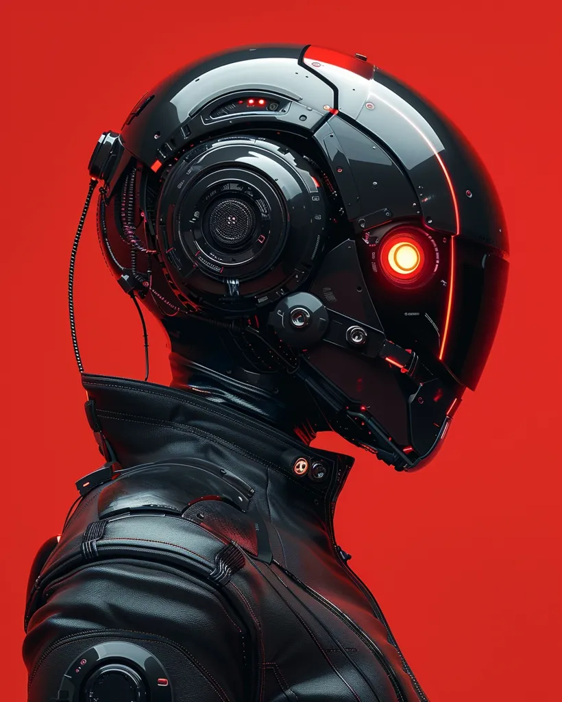 The image shows a futuristic figure wearing a black, highly detailed helmet with red accents. The helmet appears to be part of a full body suit, with the figure's shoulder and arm visible. The figure is silhouetted against a vibrant red background. The image evokes a sense of mystery and sci-fi.