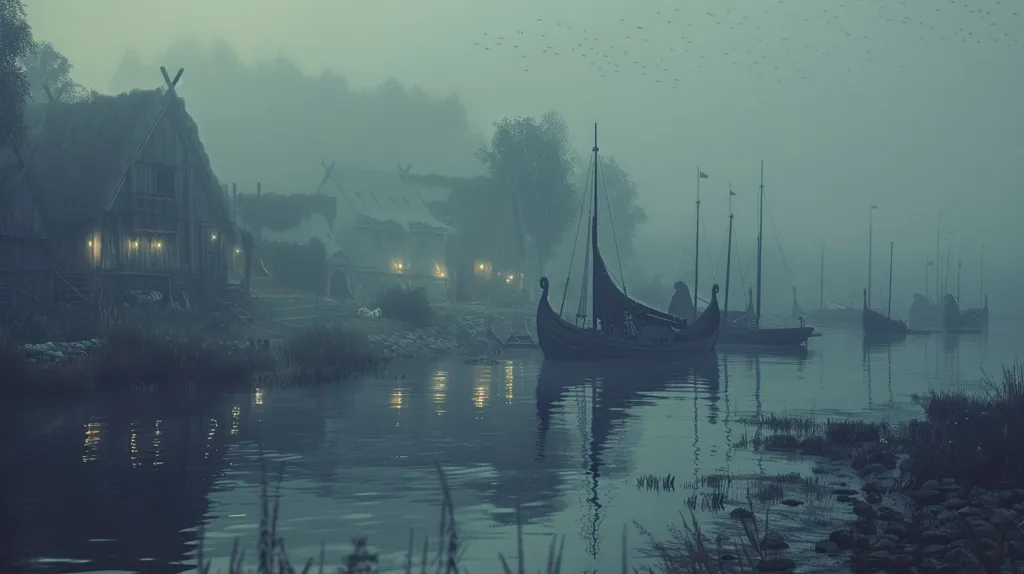 The image depicts a misty, quiet village by the water. A large wooden house with lit windows stands on the shore, while a longboat rests on the water. Several other boats are moored in the distance, shrouded in fog. The scene evokes a sense of mystery and tranquility.