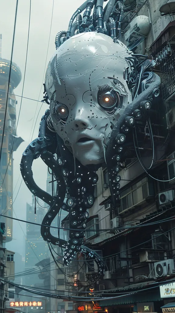 The image depicts a futuristic cityscape with a large, white robotic head hanging from the side of a building. The head has a human-like face with large, glowing eyes and is connected to a network of wires and tubes. The surrounding buildings are grimy and cluttered, with numerous power lines running overhead. The overall tone of the image is dark and unsettling, suggesting a dystopian future.  The image has a strong sense of isolation and mystery, with the robotic head appearing both menacing and vulnerable.  The city seems to be run down and chaotic, with a strong emphasis on the industrial nature of the environment.