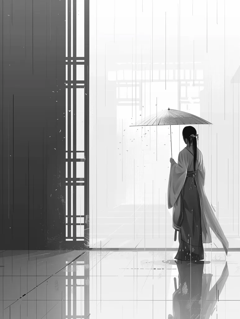A woman in traditional Japanese clothing stands under an umbrella in the rain. The scene is stark and monochromatic, with only the woman and her umbrella breaking up the expanse of white. The rain falls in straight lines, creating a sense of stillness and solitude. The woman's long, flowing sleeves and the umbrella's wide canopy create a sense of grace and elegance.  The background is a series of vertical lines, suggesting a building or a doorway, and a reflection of the scene on the wet floor creates a sense of depth and intrigue.