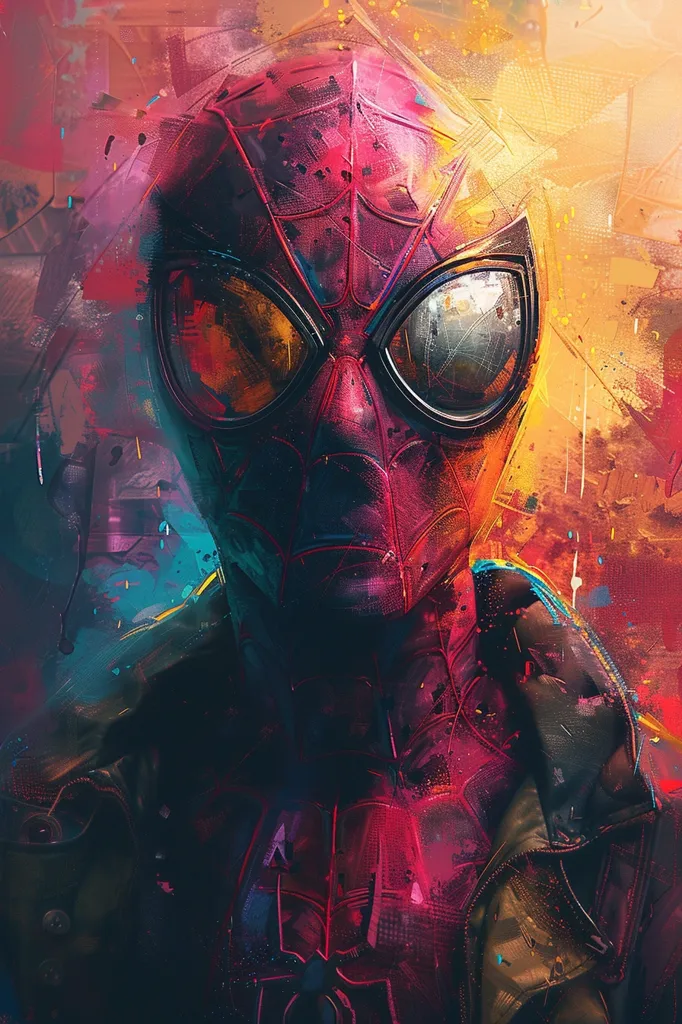 A close-up portrait of Spiderman, with a stylized and abstract background. His red and black mask is in focus, with large, circular eye lenses and a webbed pattern. The image uses vibrant colors and bold strokes, giving it an artistic, almost painterly quality.  The background is a blur of yellows, blues, and reds, adding to the dynamic feel of the piece.  The overall effect is a powerful and dynamic image that captures the spirit of the iconic superhero.