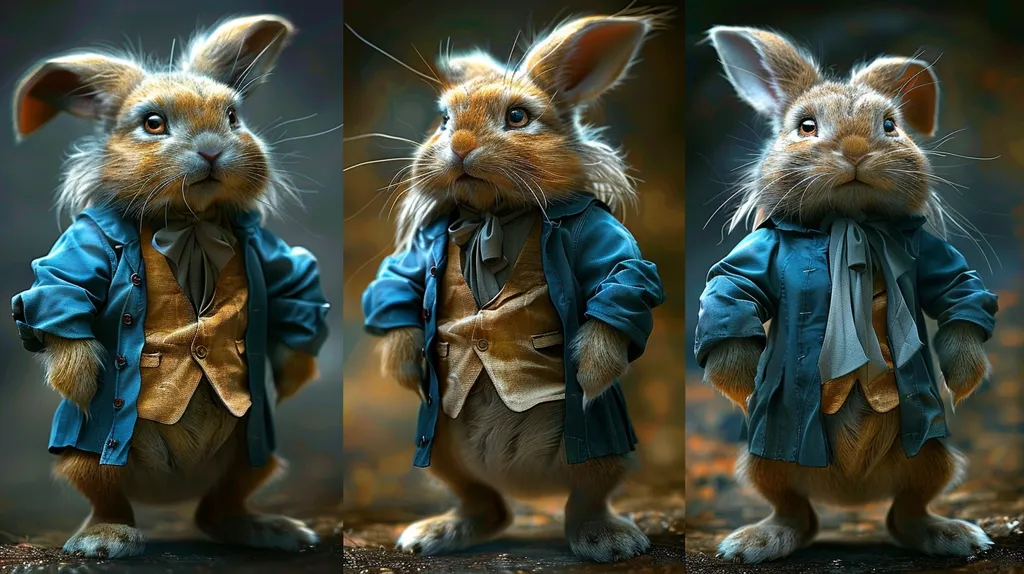 Three rabbits, each with a serious expression, are wearing blue jackets and vests. They have a sophisticated look and stand with their paws crossed. The rabbits are captured in different poses, showcasing their personality and charm. They appear to be dressed for a formal occasion, perhaps a gathering in the woods. The image is whimsical and engaging, inviting viewers to imagine their world and adventures.