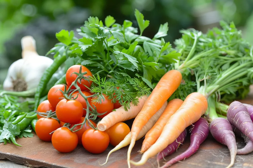 A wooden table is covered in freshly picked produce.  There are vibrant orange carrots, red tomatoes, green leafy herbs, and purple radishes.  The scene is an idyllic portrayal of a bountiful harvest, a celebration of the colors and textures of nature's bounty.
