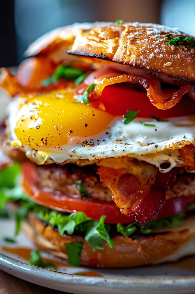 A close-up of a juicy burger with a fried egg, bacon, tomato, and lettuce. The bun is lightly toasted and sprinkled with sesame seeds. The burger is dripping with sauce and sits on a white plate. The image is well-lit and the colors are vibrant.