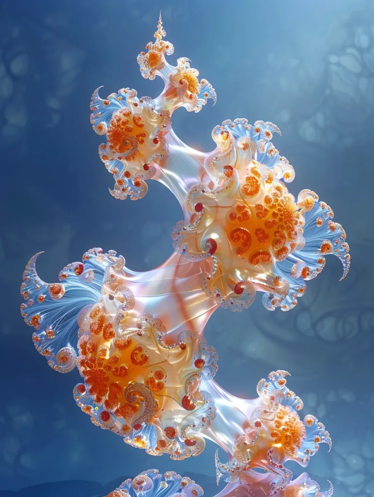 A complex, organic-looking, abstract structure, resembling a jellyfish or a sea anemone. The structure is made up of multiple, intricate, swirling, and overlapping layers, with a pale orange and white color scheme, interspersed with small, golden dots. The structure appears to be suspended in a soft blue environment, with a gentle, diffused light illuminating it. The image evokes a sense of mystery and ethereal beauty.