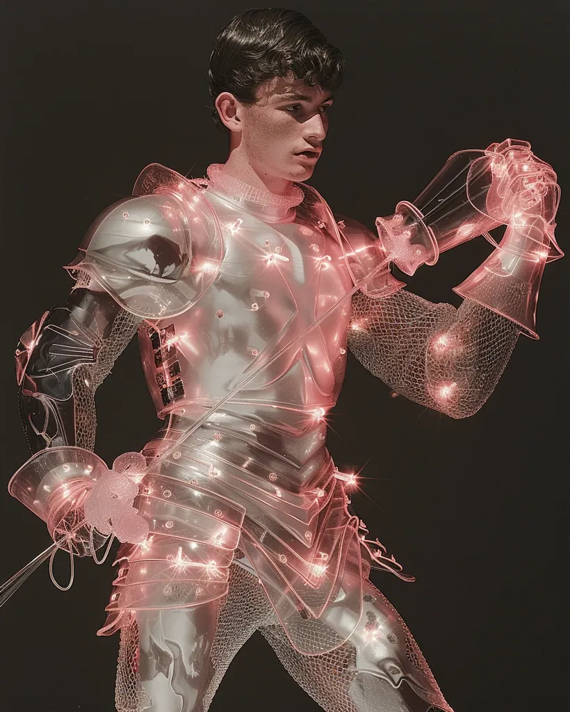 A young man is wearing a translucent suit of armor that glows pink. He holds a sword in one hand and looks off to the side, with a serious expression on his face. The image is dark and dramatic, with a sense of mystery and intrigue.