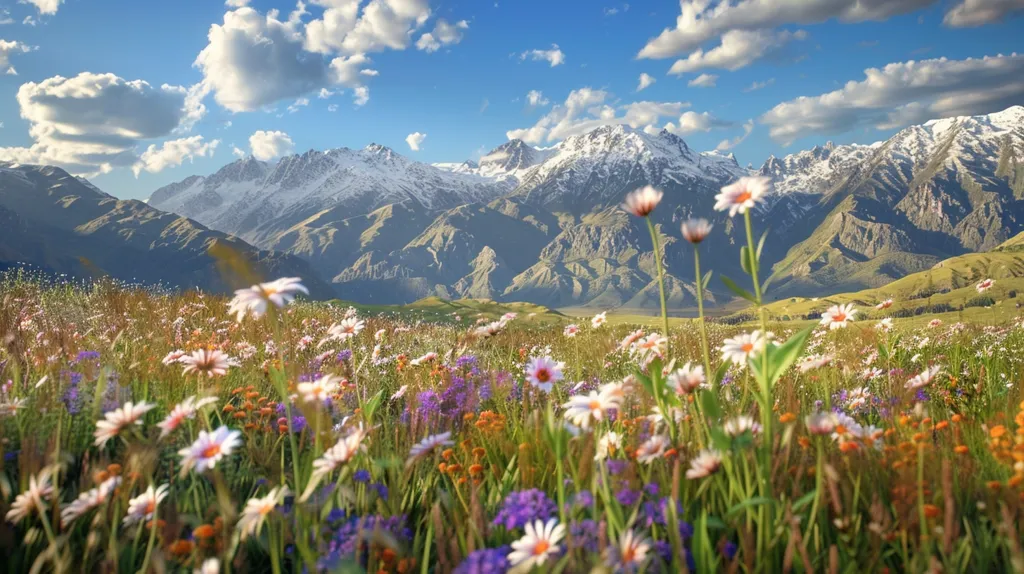 A vibrant field of wildflowers blooms in the foreground, their delicate petals unfurling in the warm sunlight.  The backdrop is a majestic mountain range, their snow-capped peaks reaching towards a clear blue sky.  The scene is a tapestry of nature's beauty, showcasing the harmonious coexistence of vibrant life and majestic serenity.