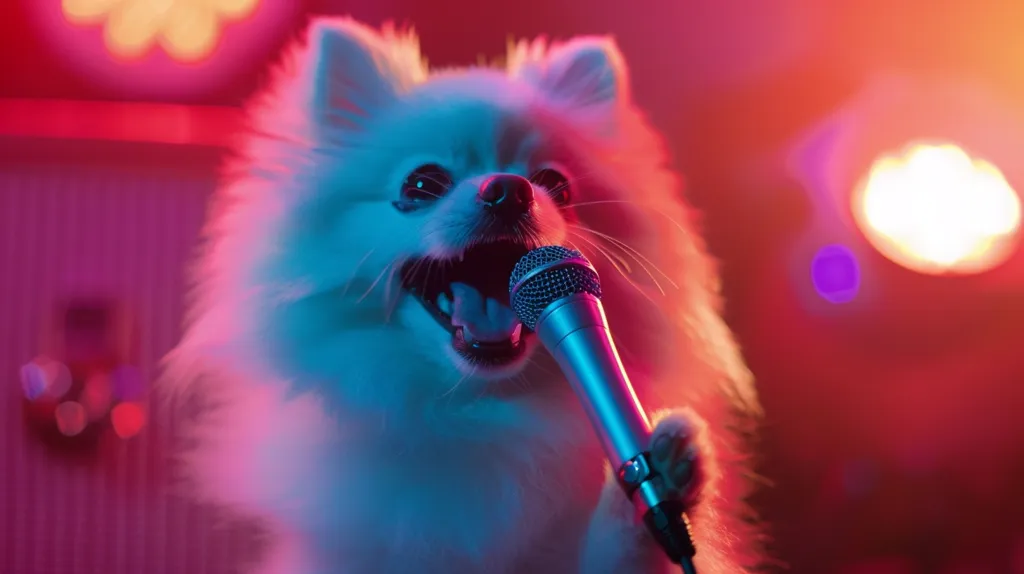 A white fluffy dog, likely a Pomeranian, sings into a microphone.  The dog is bathed in blue and red stage lights.  The background is blurred and out of focus, suggesting a stage setting.  The dog's mouth is open, revealing its tongue and a joyful expression.  It is a playful and humorous image, capturing the idea of a pet performing on stage.