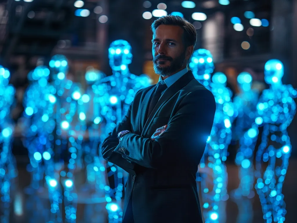 A man in a suit stands with arms crossed in front of a blurred background of blue light. He looks directly at the viewer with a serious expression. The blue lights create a futuristic and somewhat artificial atmosphere. The man appears to be in a position of authority or power.