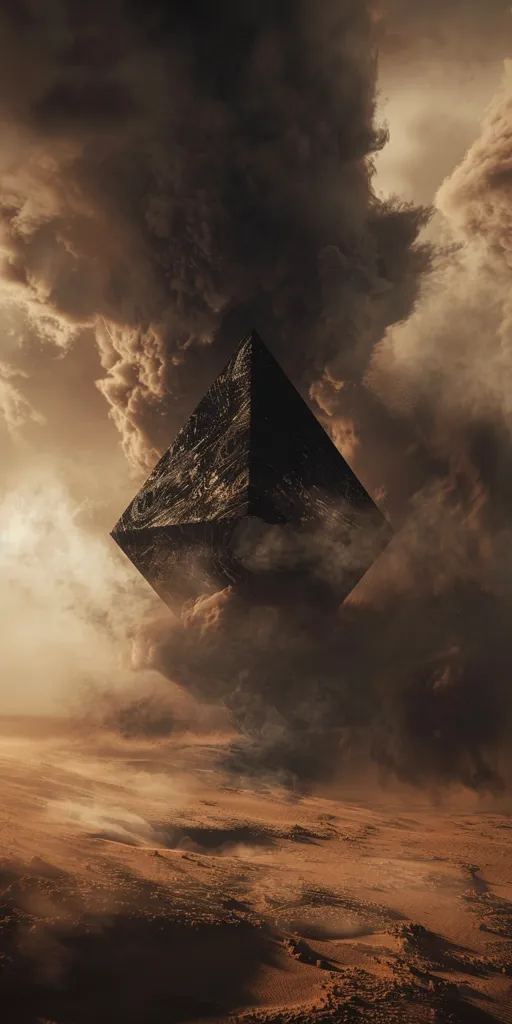A large, dark, pyramid-shaped object hovers over a desolate, red-brown landscape. The object is shrouded in swirling, smoke-like clouds, creating an eerie and mysterious atmosphere. The sky above is filled with thick, grey clouds, suggesting a stormy or apocalyptic scene. The image evokes a sense of awe, mystery, and perhaps even fear.  The landscape is barren and unforgiving, giving a sense of isolation and loneliness.