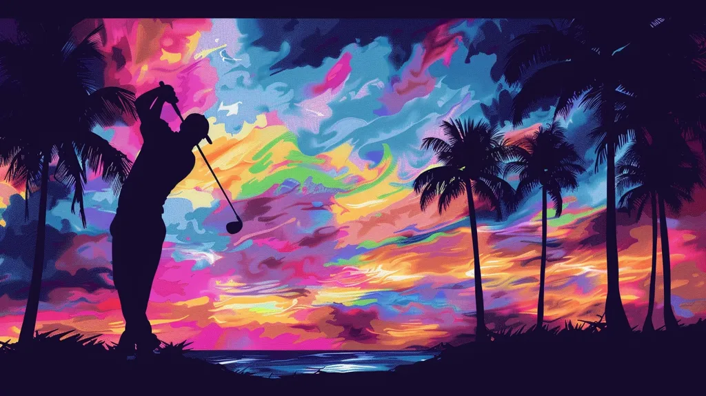 The image depicts a golfer swinging their club against a vibrant, abstract sunset backdrop. Palm trees stand silhouetted against the colorful sky, creating a tropical and energetic scene. The golfer is in mid-swing, with the club reaching towards the sky. The overall effect is one of movement, energy, and the beauty of a tropical sunset.