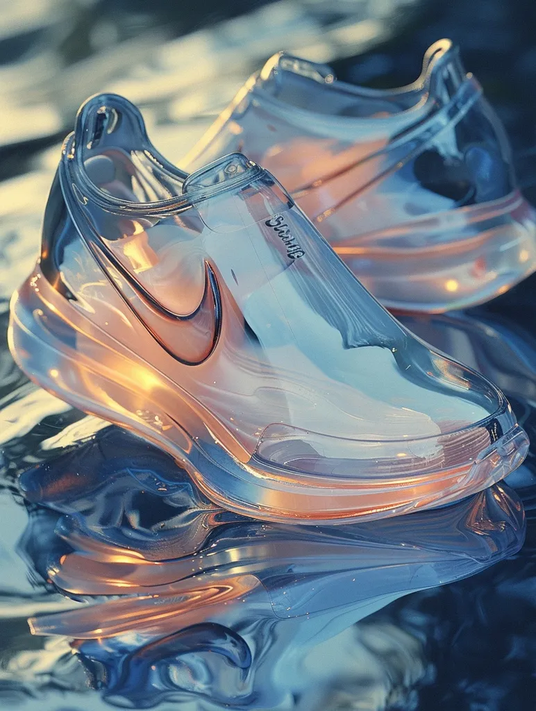 Two transparent sneakers, with a distinct Nike swoosh logo on one, sit on a reflective surface. The shoes are a futuristic design with a translucent, almost liquid-like appearance. The reflection creates a distorted, colorful image, giving a sense of depth and movement. The sneakers are illuminated from below, casting an ethereal glow.