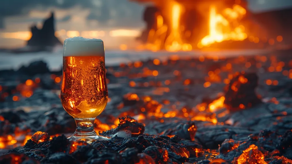 A glass of beer sits on a bed of smoldering embers, the flames of a fire burning brightly in the background. The beer is golden and bubbly, a stark contrast to the dark and fiery surroundings. The image creates a sense of contrast and danger, with the drink seemingly untouched by the flames.