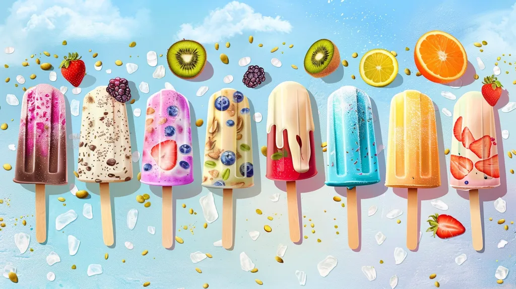 Eight colorful popsicles, with flavors like chocolate, berry, and fruit, are displayed on a blue background sprinkled with gold and white. They are surrounded by various fruits, including kiwi, strawberries, and oranges, evoking a summery and refreshing vibe. The popsicles are arranged in a line, creating a visually appealing and delicious composition.