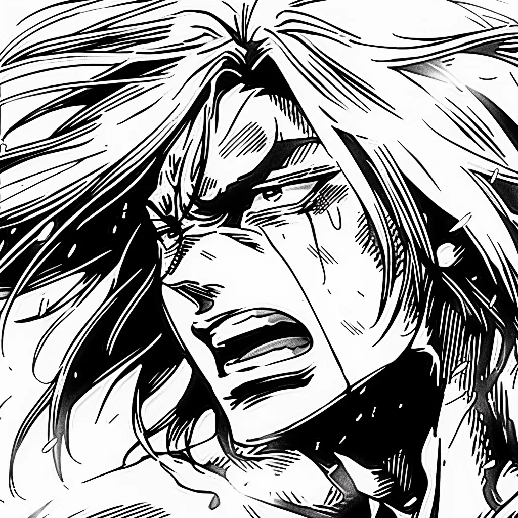 The image depicts a close-up of a manga character's face. The character has long, flowing hair and is shown with a pained expression. Their eyes are wide and filled with tears, and their mouth is open in a silent scream. The character's face is contorted in anguish, and a single tear rolls down their cheek. The image captures a moment of intense emotion and vulnerability.