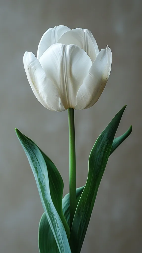 A single white tulip with a delicate, ruffled bloom stands tall against a neutral background. Its long, green stem and leaves create a graceful silhouette, highlighting the pure beauty of the flower. The soft light casts subtle shadows, adding depth and dimension to the image.