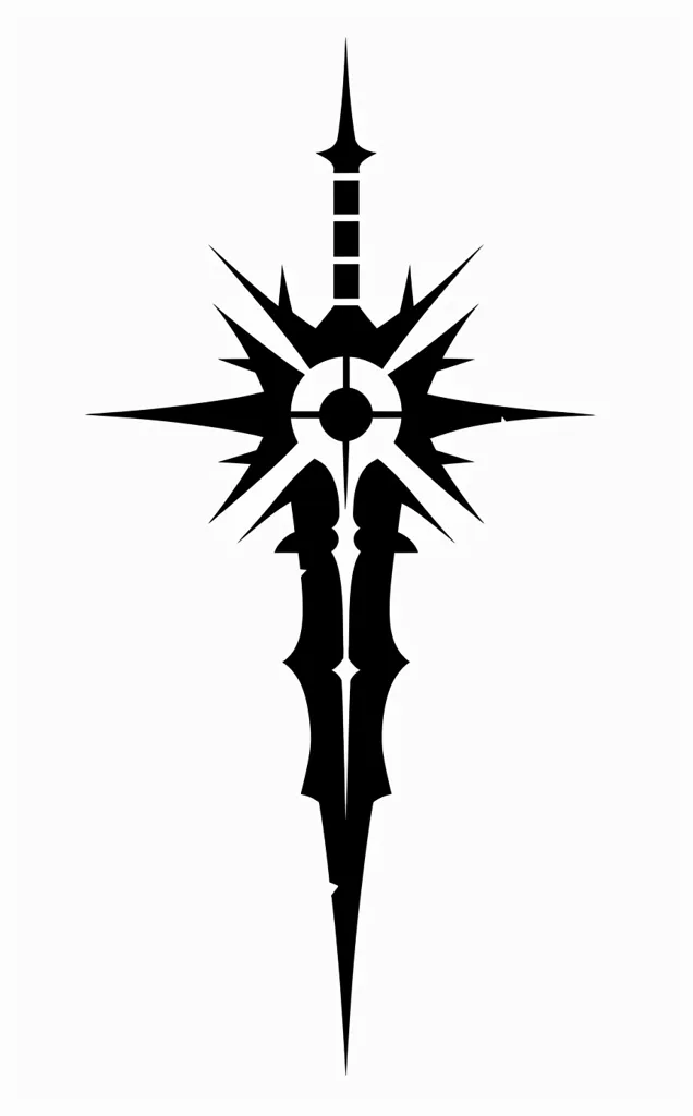 The image depicts a stylized, black and white sword with a pointed tip and a circular design in the center. The sword is surrounded by a burst of sharp, radiating lines, resembling a star or a sun. The image has a strong, geometric feel and evokes a sense of power and intensity.
