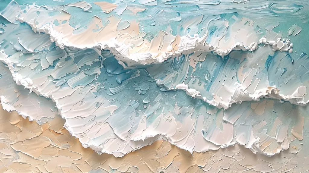 The image is an abstract painting of waves crashing on a beach. The artist has used thick, textured paint to create a realistic and dynamic representation of the ocean. The colors are primarily blue, white, and beige, which evoke feelings of calmness and peace. The painting has a sense of movement and energy, capturing the beauty and power of the sea.