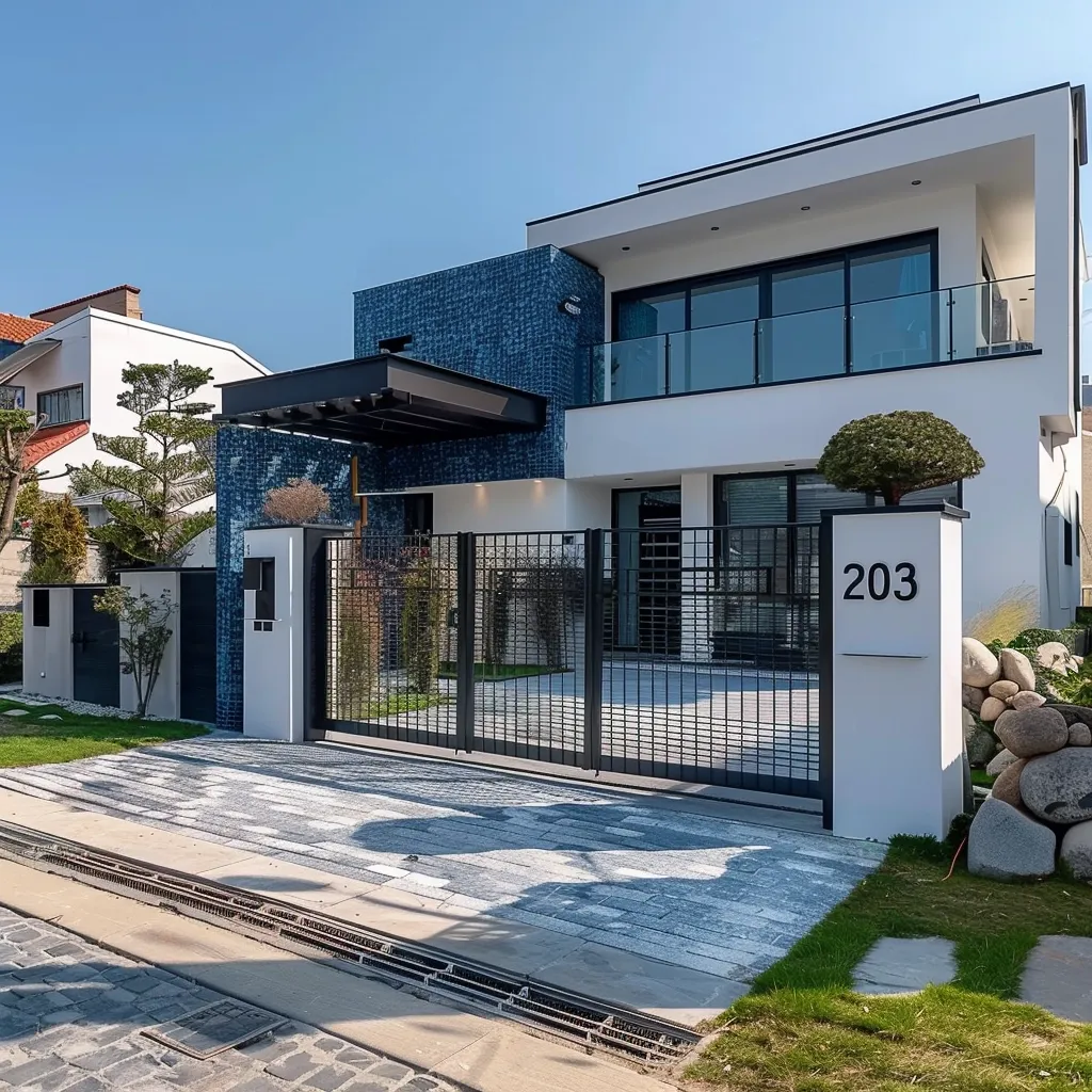 A modern, two-story house with a white exterior and a black metal fence. The house has a large, glass-enclosed balcony on the second floor, and a tiled patio in front.  The address, "203," is prominently displayed on the white wall to the right of the gate. A small, manicured lawn surrounds the house.