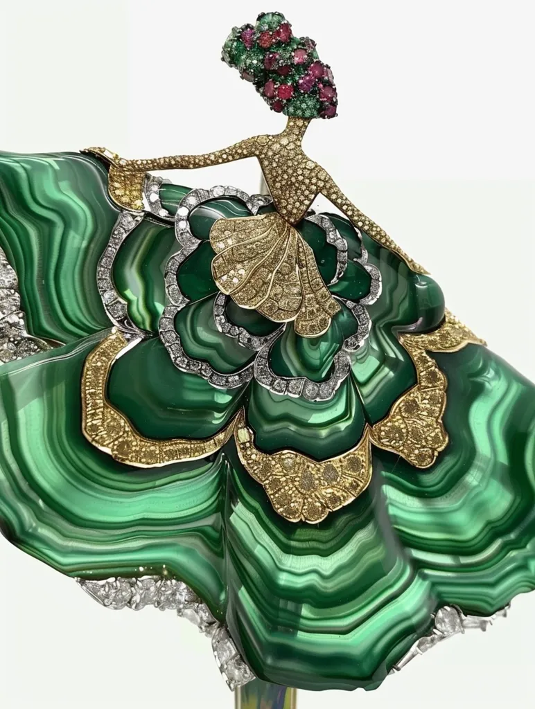 A delicate figurine of a woman adorned in diamonds and emeralds, is crafted in a swirling, green malachite. Her dress flows out in a wide, layered skirt, creating a dramatic and intricate design. The intricate detail and vibrant colors create a stunning work of art.